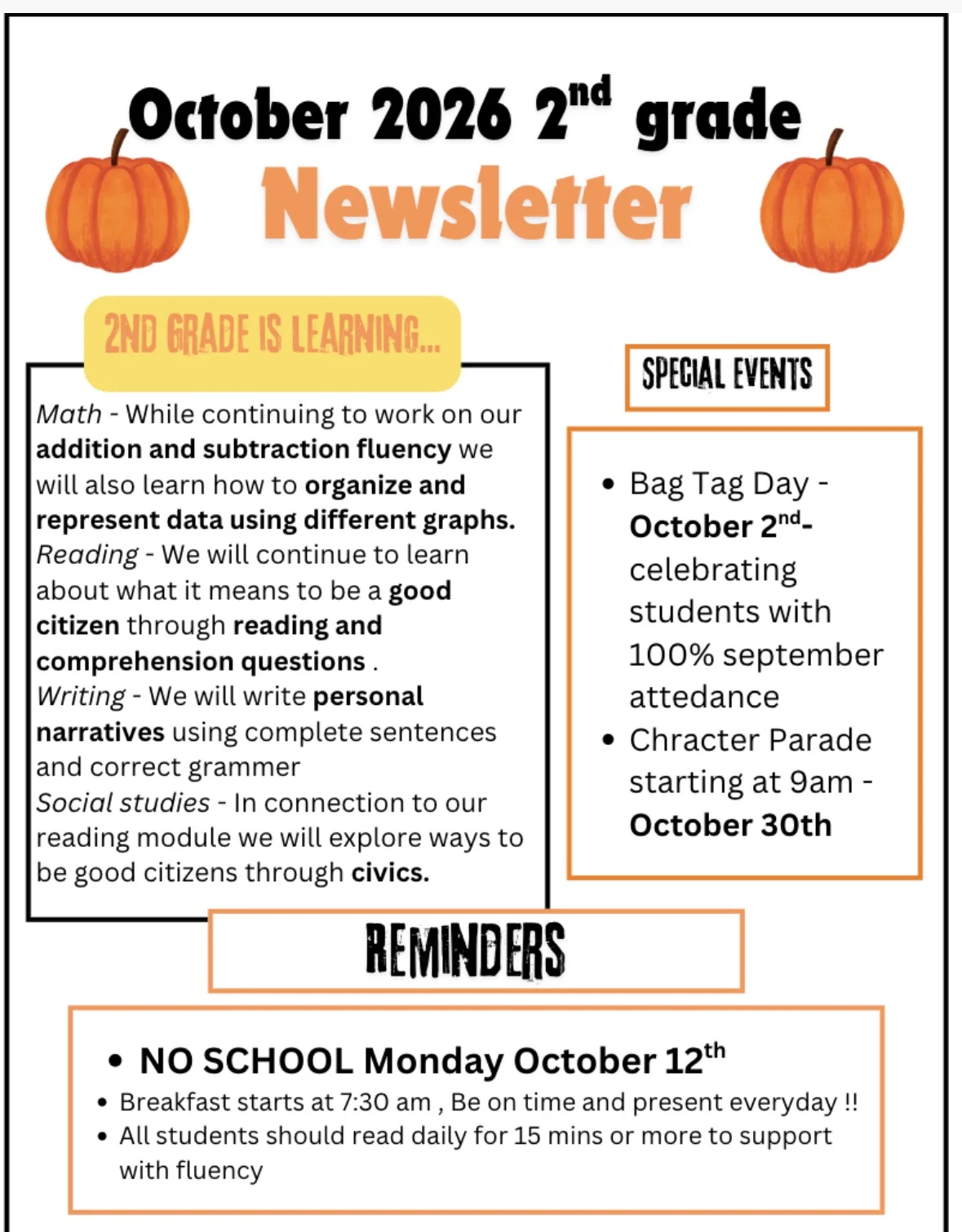 2nd Grade October Newsletter — English