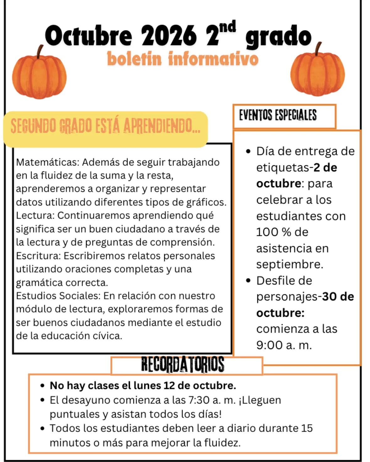 2nd Grade October Newsletter — Español