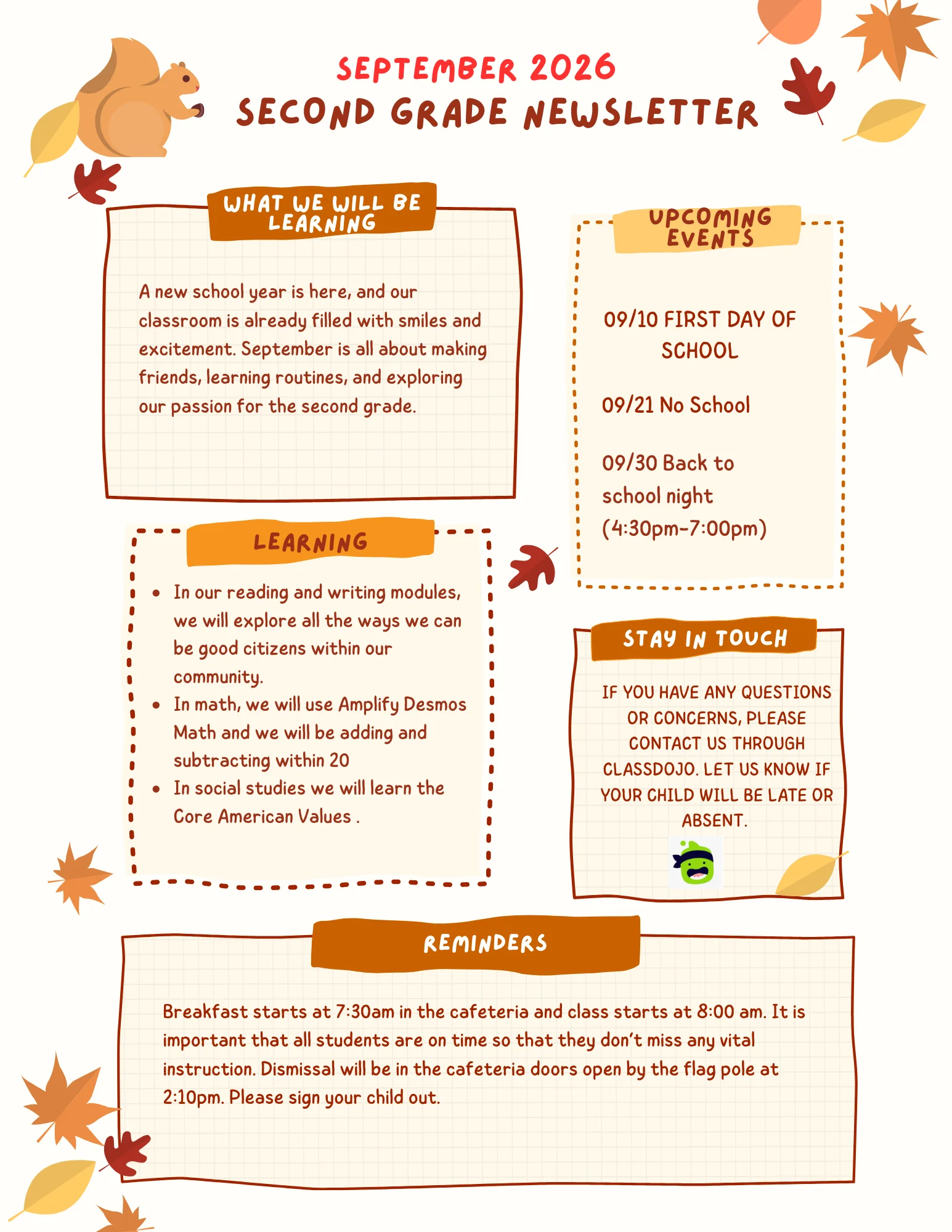 2nd Grade September Newsletter — English