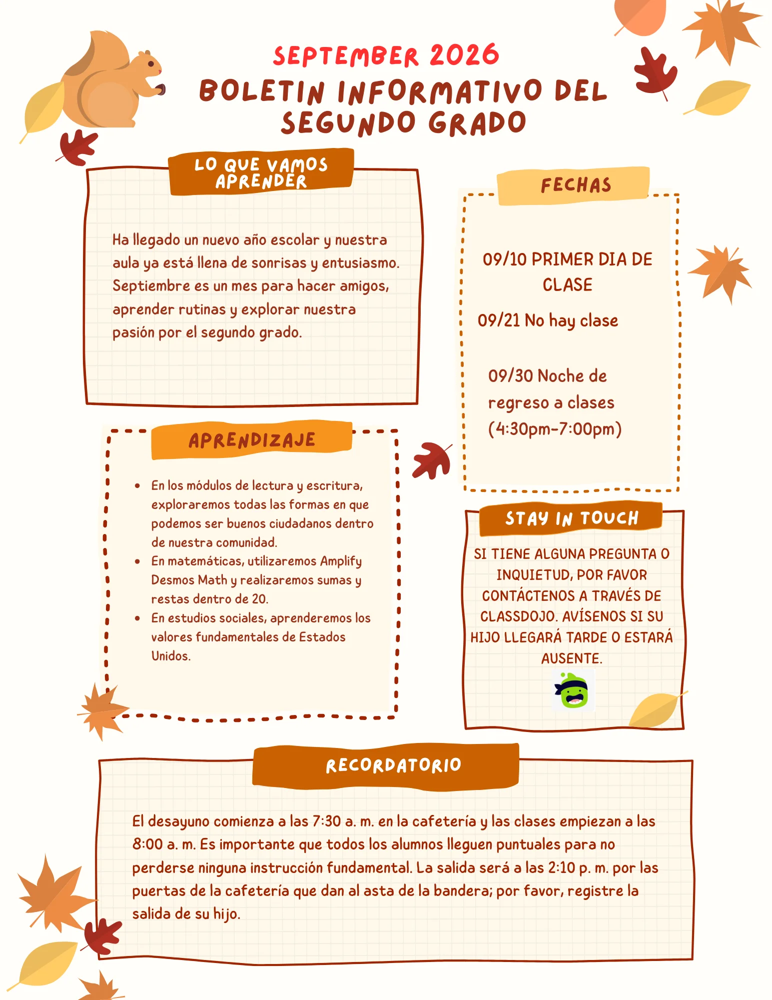 2nd Grade September Newsletter — Español