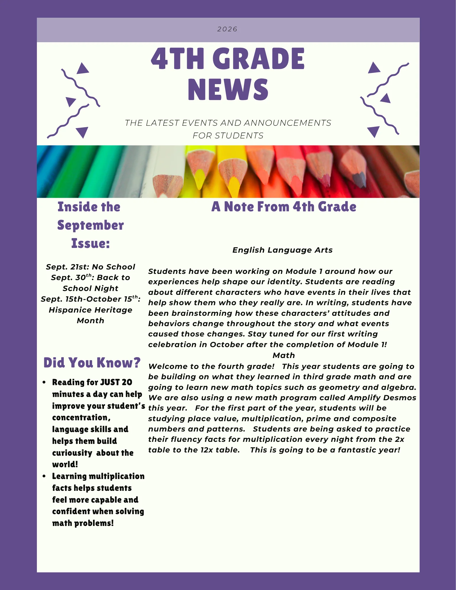 4th Grade September Newsletter