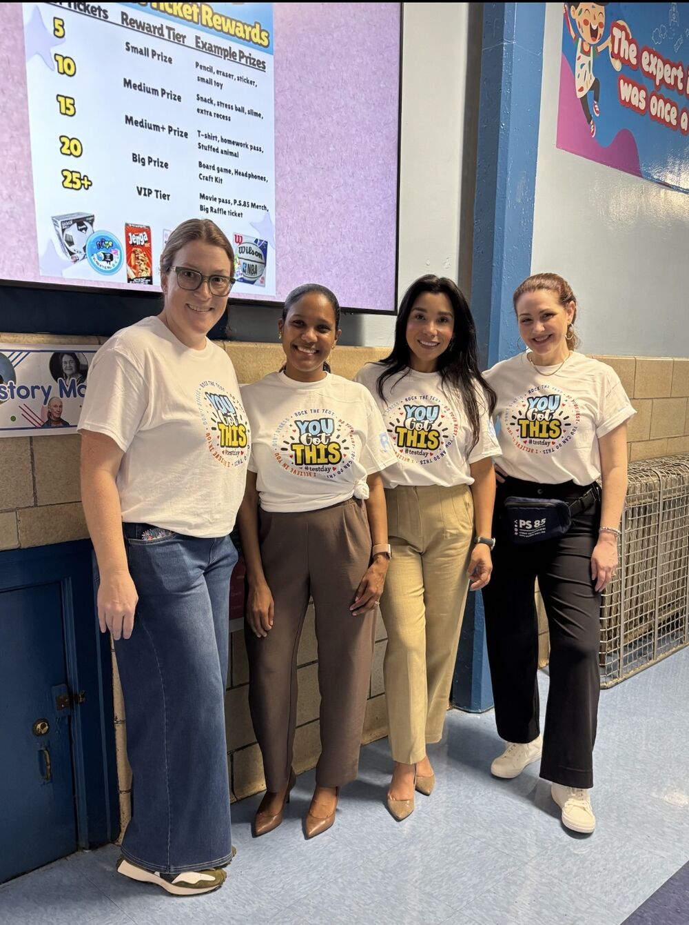 Members of the PS 85 administration team standing together in matching “You Got This” t-shirts.